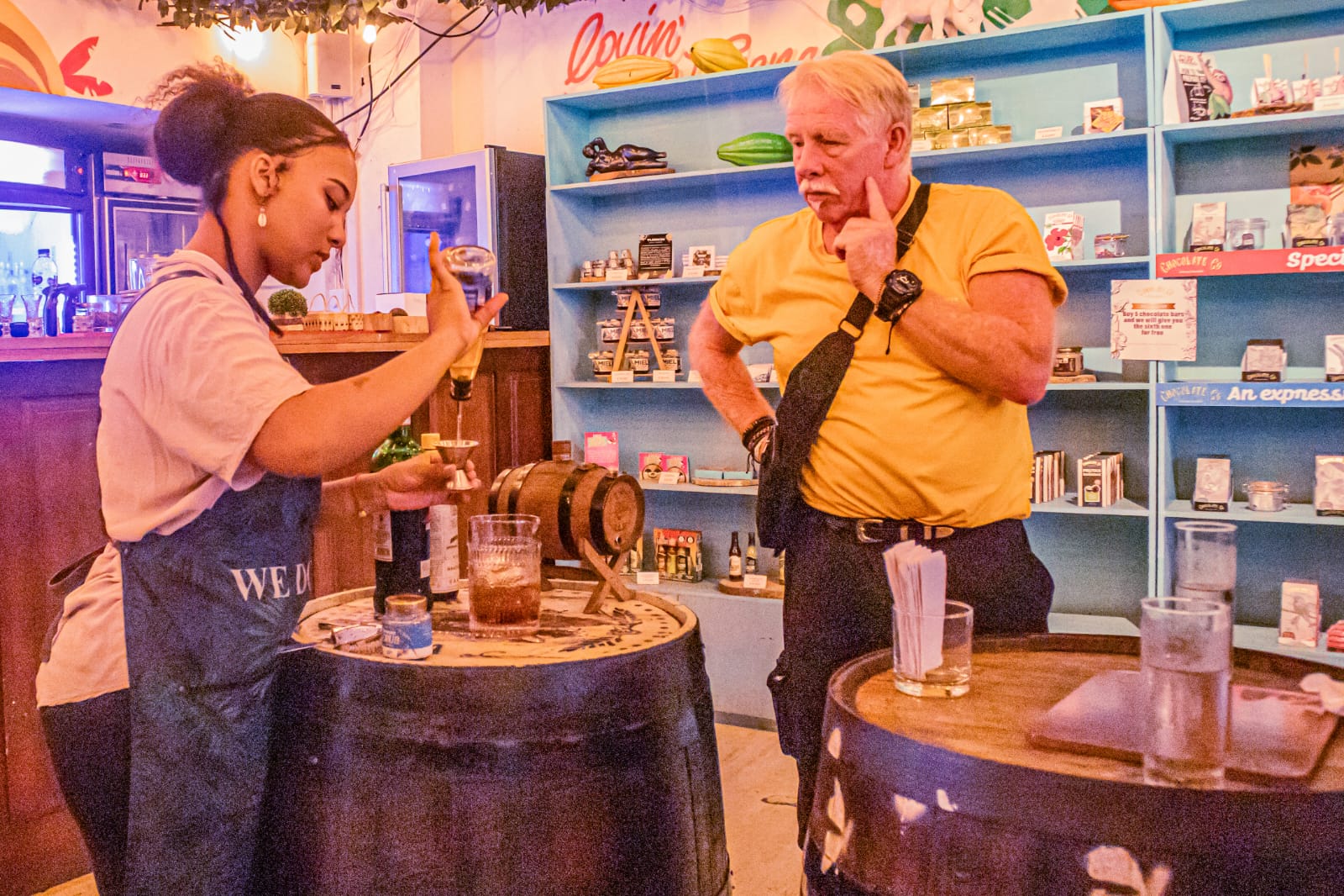 "Local guide leading a rum tasting experience in Cartagena Colombia"
